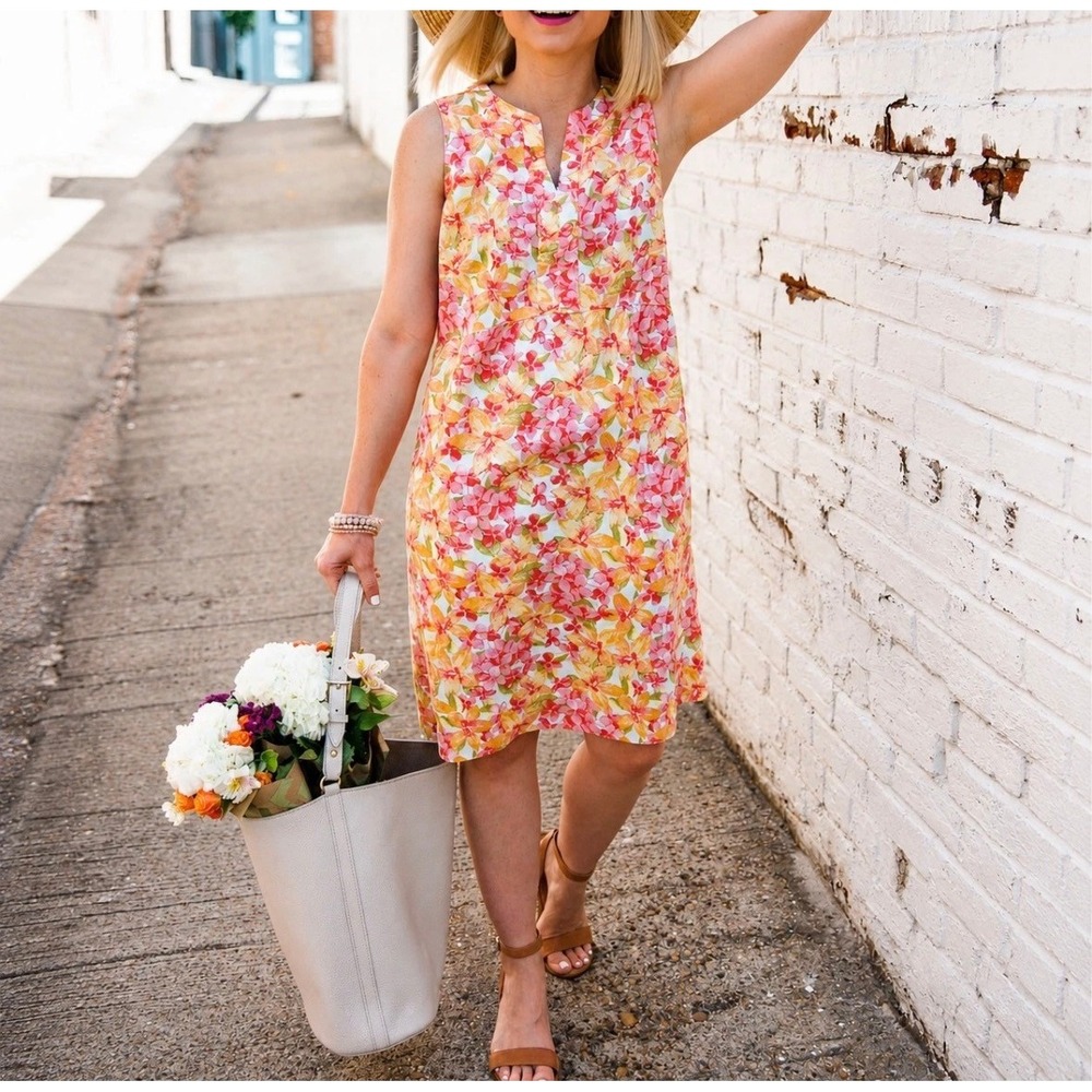 J. Jill Love Linen Floral Shift Dress Pink Orange Women Medium Coastal Summer